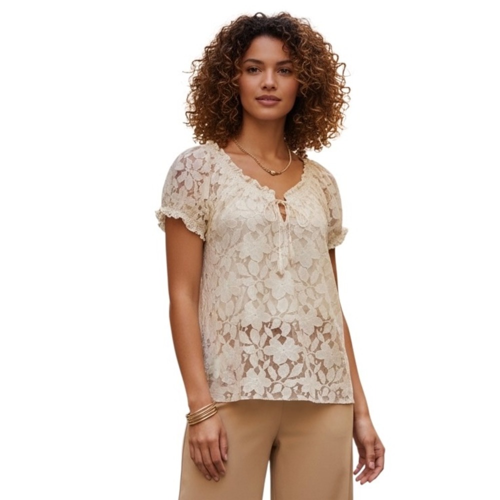 Trulli Floral Lace Short Sleeve Blouse + Camisole Ivory Tie Front Ruffle Top Med